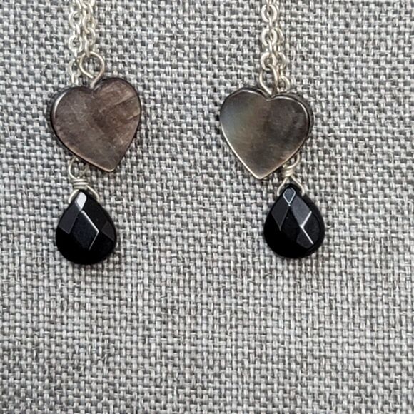 Abalone Heart Earrings Shell Silvertone Dangle Double Chain Black Teardrop Beads - Picture 3 of 5
